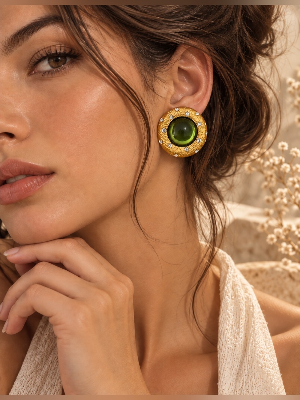 Vintage Gold and Green Statement Stud Earrings